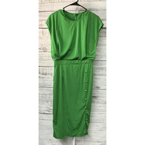 Womens L Green Cap Sleeve Button Detail Midi‎ Dress